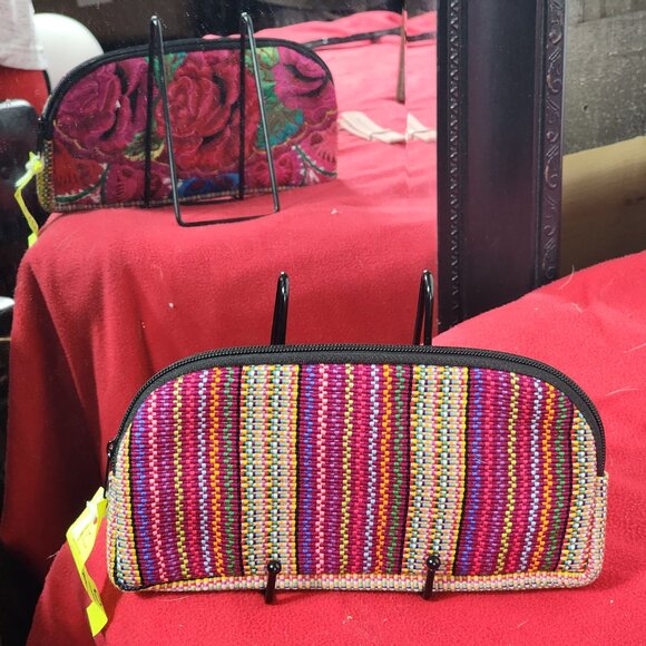 Handmade Guatemalan Embroidered Bright Floral / Stripes Clutch Makeup Bag Rose - Picture 6 of 16